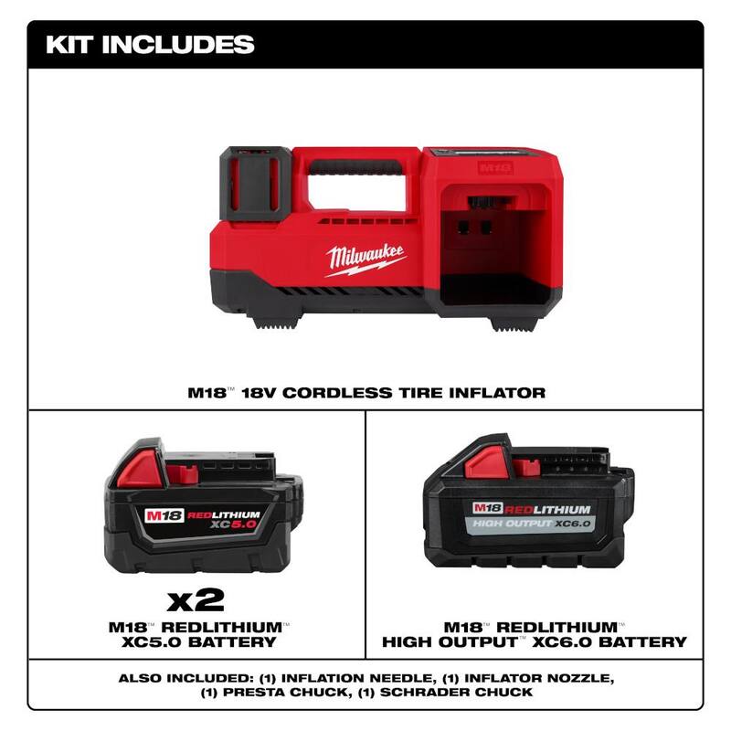 Milwaukee M18 18-Volt Lithium-Ion Cordless Portable Inflator w/M18 (1) High Output 6.0Ah Battery & (2) 5.0Ah Battery - 2848-20-48-11-1856