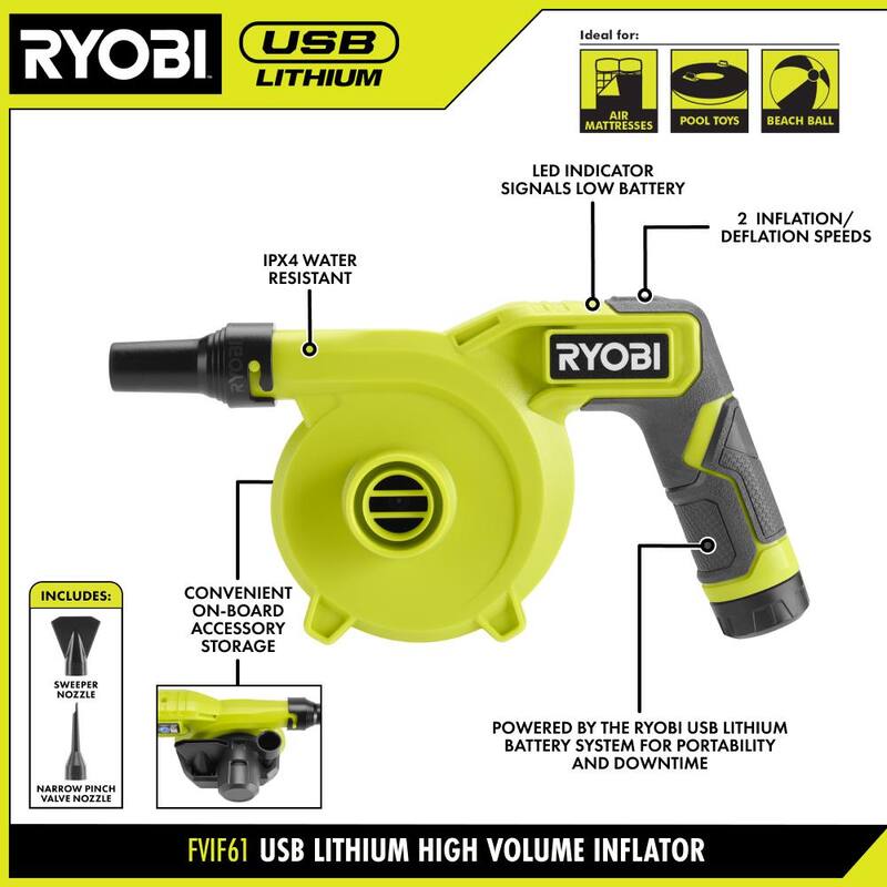 RYOBI USB Lithium Cordless High Volume Inflator Kit with USB Lithium 2.0 Ah Battery and Charging Cable - FVIF61K
