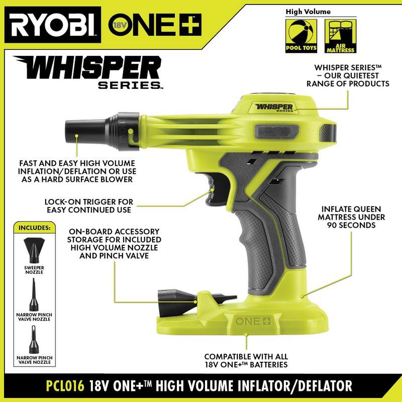 RYOBI ONE+ 18V High Volume Inflator Kit with 2.0Ah Battery and Charger - PCL016K1