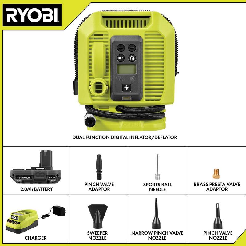 RYOBI ONE+ 18V Dual Function Inflator Kit with 2.0Ah Battery and Charger - PCL031K1