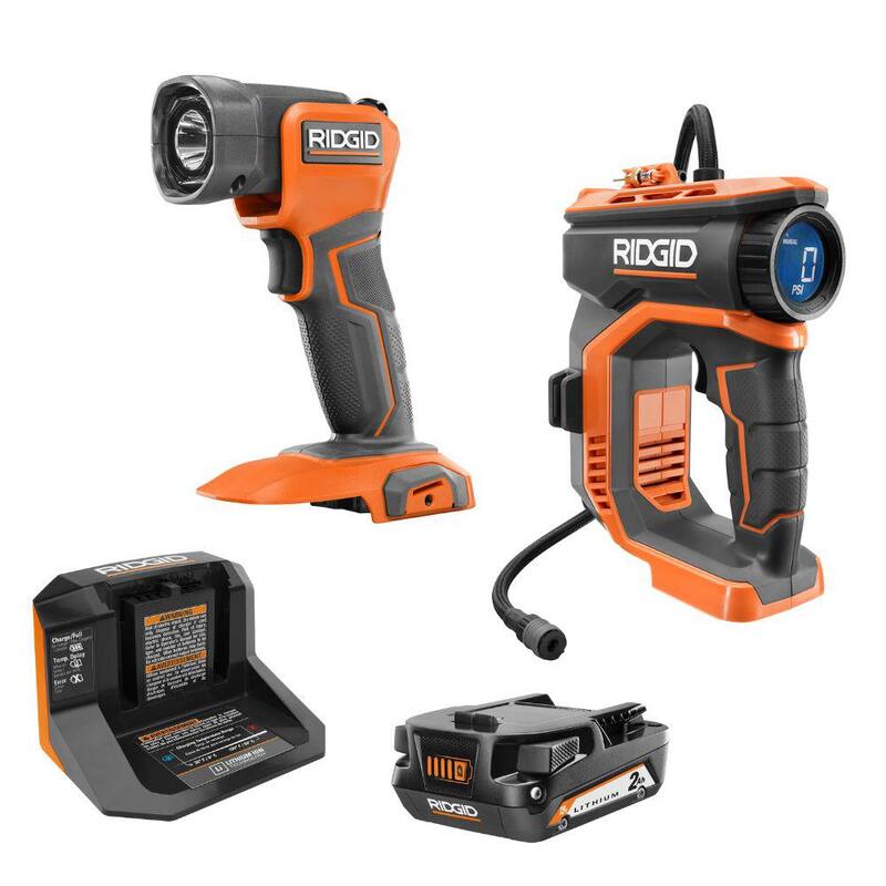 RIDGID 18V Cordless Digital Inflator Kit with 2.0 Ah Battery and Charger with 18V Cordless LED Work Light - R87044KN-R8695B