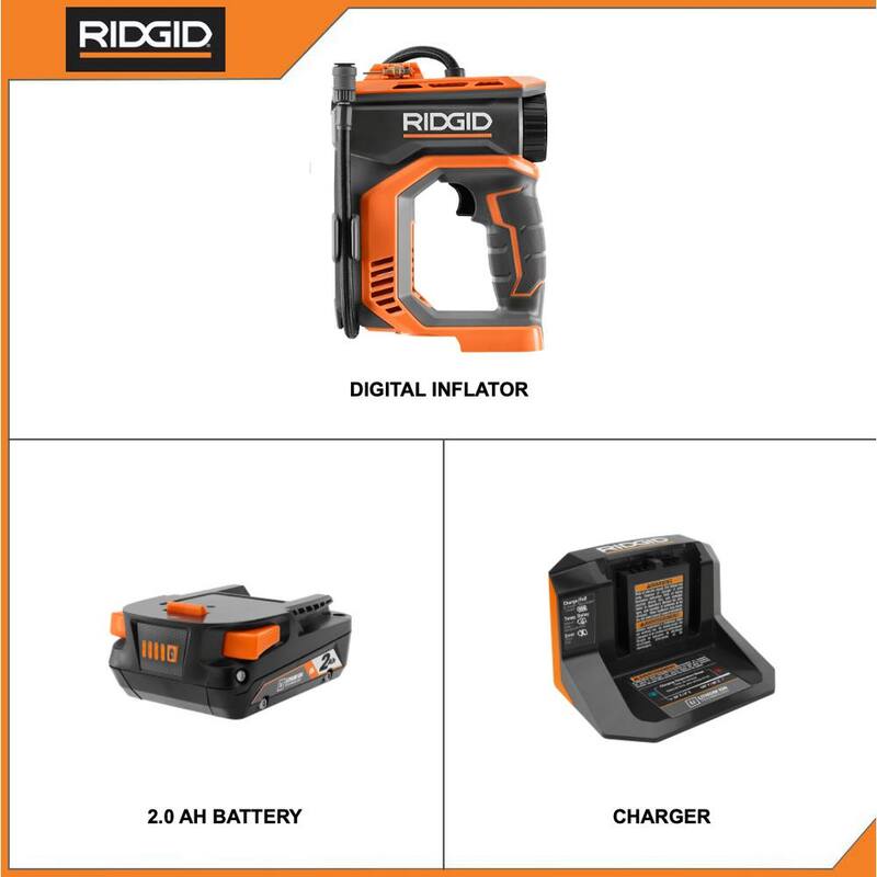RIDGID 18V Cordless Digital Inflator Kit with 2.0 Ah Battery and Charger with 18V Cordless LED Work Light - R87044KN-R8695B