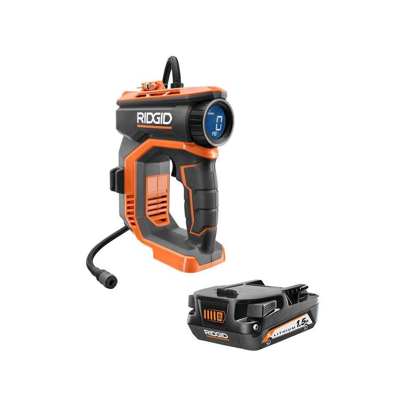 RIDGID 18V Cordless High Pressure Portable Inflator with 18V Lithium-Ion 1.5 Ah Battery - R87044-AC870015N