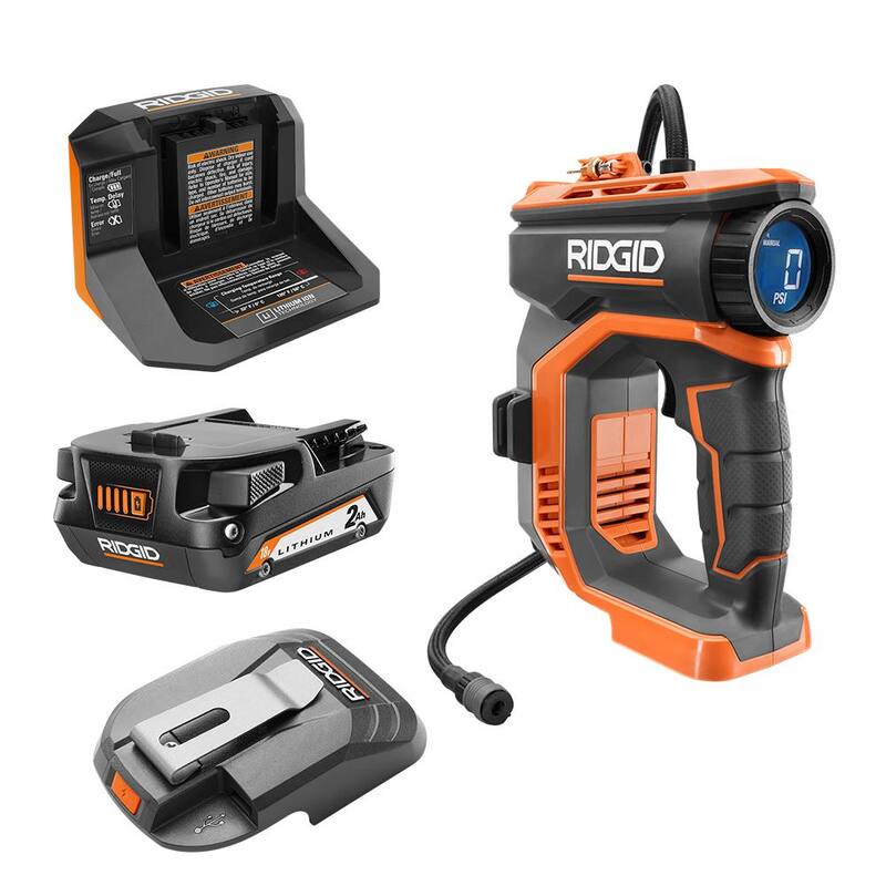 RIDGID 18V High Pressure Portable Inflator Kit with 2.0 Ah Battery, Charger, and USB Portable Power Source with Activate Button - R87044KN-AC86072B