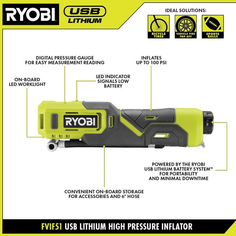 RYOBI USB Lithium High Pressure Inflator Kit with 2.0Ah USB Lithium Battery - FVIF51K-FVB02