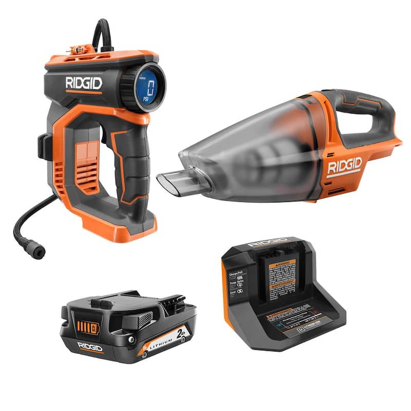 RIDGID 18V Cordless Digital Inflator Kit with Cordless Hand Held Vacuum, 2.0 Ah Battery, and Charger - R87044KN-R8609021B