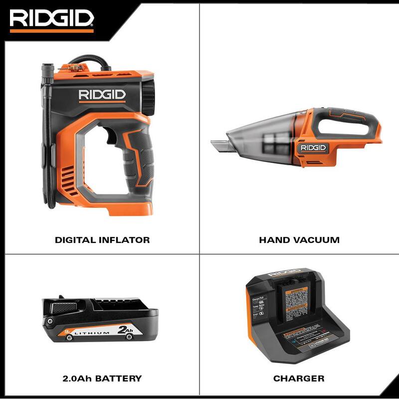 RIDGID 18V Cordless Digital Inflator Kit with Cordless Hand Held Vacuum, 2.0 Ah Battery, and Charger - R87044KN-R8609021B
