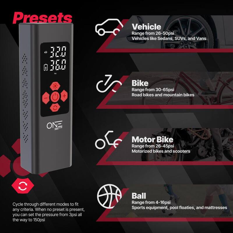One Smart Consumer Electronics Gear 11.1-Volt Cordless Portable Tire Inflator Up to 150 PSI with Smart Auto-Stop, Built-In USB Power Bank, Includes Adaptors - OATI-001L