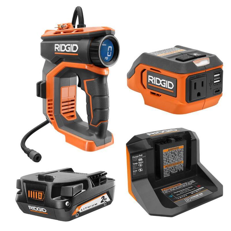 RIDGID 18V Cordless Portable Inflator with 18V Cordless AC Inverter, 2.0 Ah Lithium-Ion Battery, and Charger - R87044-AC86097KSB