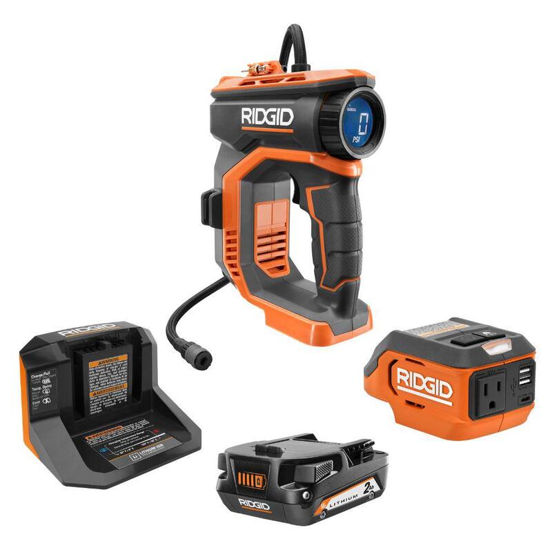 RIDGID 18V Cordless Digital Inflator Kit with 2.0 Ah Battery and Charger with 18V Cordless 175-Watt Power Inverter - R87044KN-AC86097