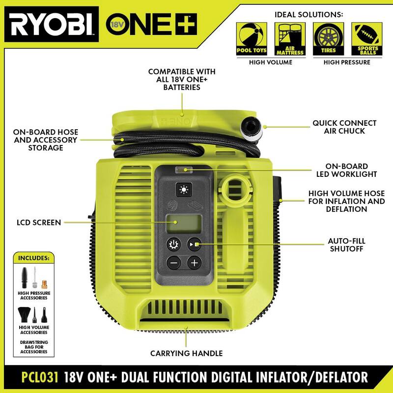 RYOBI ONE+ 18V Cordless Dual Function Inflator/Deflator with Compression Drive Cordless 3/8 in. Crown Stapler (Tools Only) - PCL031B-P317
