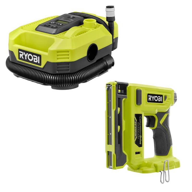 RYOBI ONE+ 18V Cordless Dual Function Inflator/Deflator with Compression Drive Cordless 3/8 in. Crown Stapler (Tools Only) - PCL031B-P317