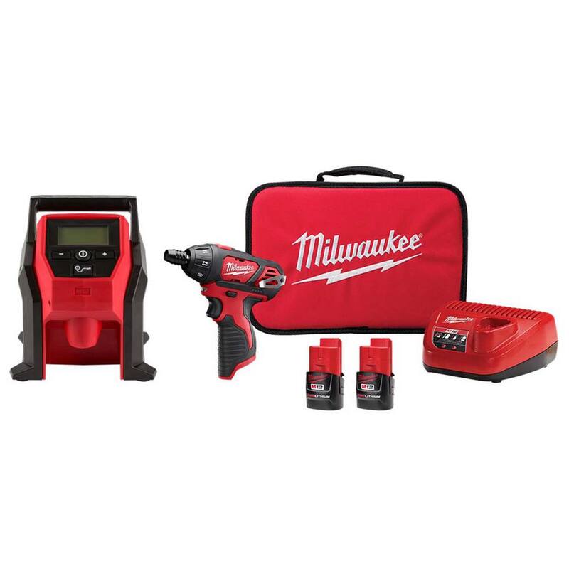 Milwaukee M12 12-Volt Electric Portable Inflator (Tool-Only) and M12 12V 1/4 in. Hex Screwdriver Kit with 2 1.5Ah Batteries - 2475-20–2401-22