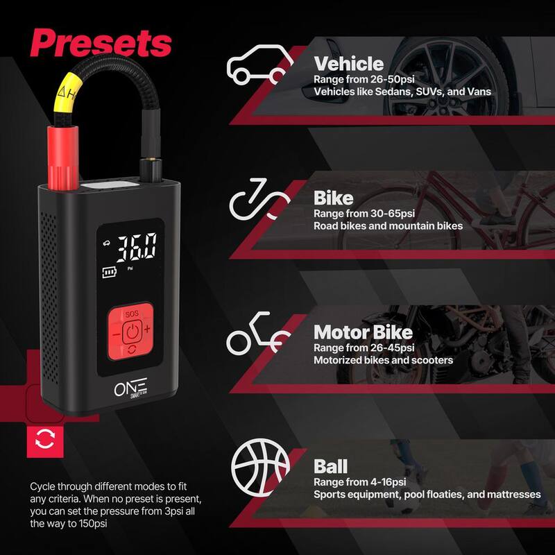 One Smart Consumer Electronics Gear 7.4-Volt Cordless Portable Tire Inflator Up to 150 PSI with Smart Auto-Stop, Built-In USB Power Bank, Includes Adaptors - OATI-001M