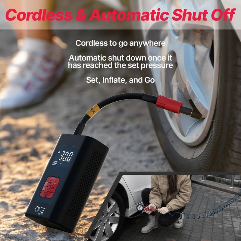 One Smart Consumer Electronics Gear 7.4-Volt Cordless Portable Tire Inflator Up to 150 PSI with Smart Auto-Stop, Built-In USB Power Bank, Includes Adaptors - OATI-001M