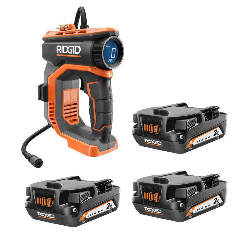 RIDGID 18V Cordless Portable Inflator with 18V Lithium-Ion Compact 2.0 Ah Battery (3-Pack) - R87044-AC8400802PK3
