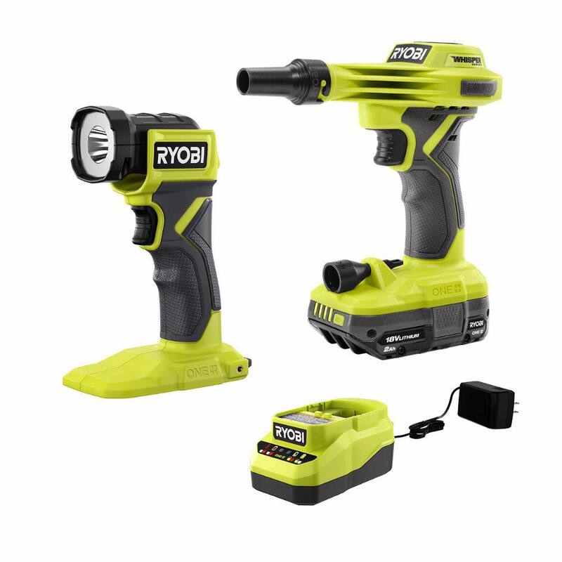 RYOBI ONE+ 18V High Volume Inflator Kit with 2.0 Ah Battery, Charger, and Cordless LED Light - PCL016K1​​​-PCL660B