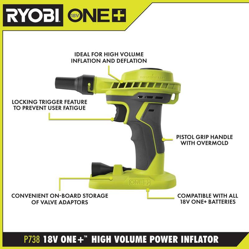 RYOBI ONE+ 18V High Volume Inflator Kit with 2.0 Ah Battery, Charger, and Cordless LED Light - PCL016K1​​​-PCL660B