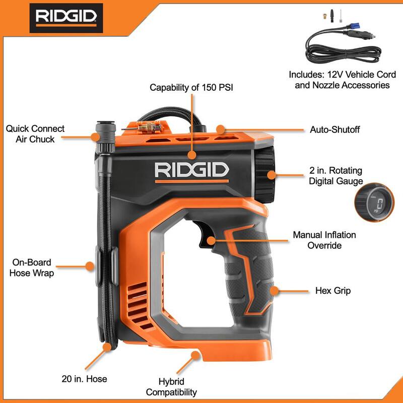 RIDGID 18V Cordless 2-Tool Combo Kit with Digital Inflator and Flood Light with Detachable Light (Tools Only) - R87044-R8694620B