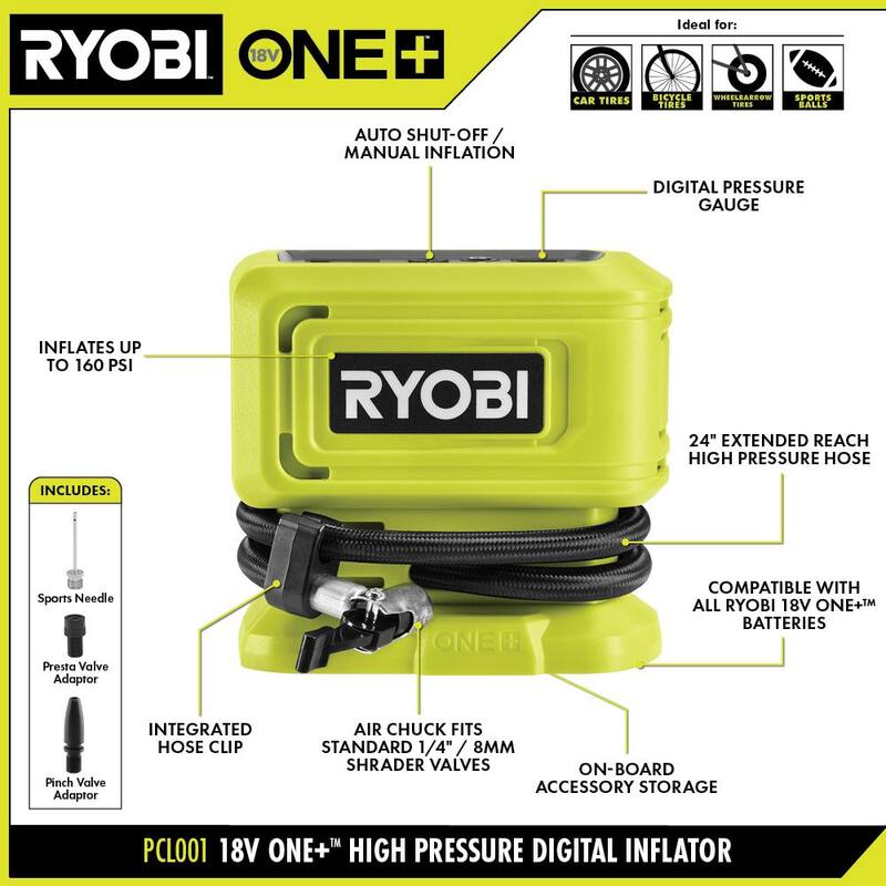 RYOBI ONE+ 18V Cordless High Pressure Inflator with High Volume Inflator, 4.0 and 2.0 Ah Batteries, and Charger - PCL001B-PSK106SB​-PCL016B