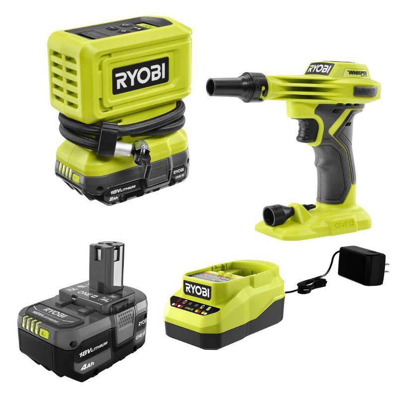 RYOBI ONE+ 18V Cordless High Pressure Inflator with High Volume Inflator, 4.0 and 2.0 Ah Batteries, and Charger - PCL001B-PSK106SB​-PCL016B