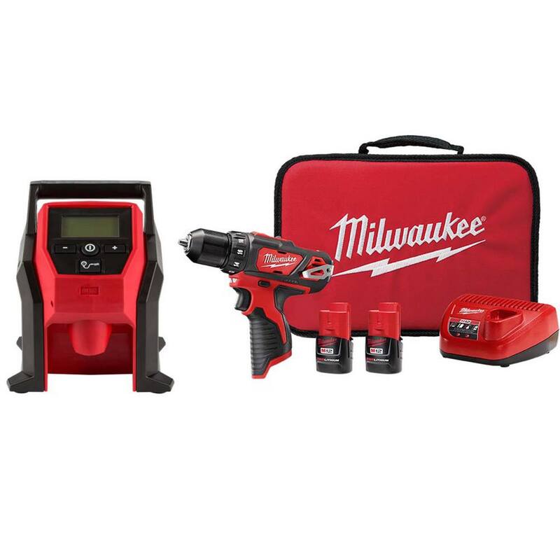 Milwaukee M12 12-Volt Electric Portable Inflator (Tool-Only) and M12 12V 3/8 in. Drill/Driver Kit with Two 1.5 Ah Batteries - 2475-20–2407-22