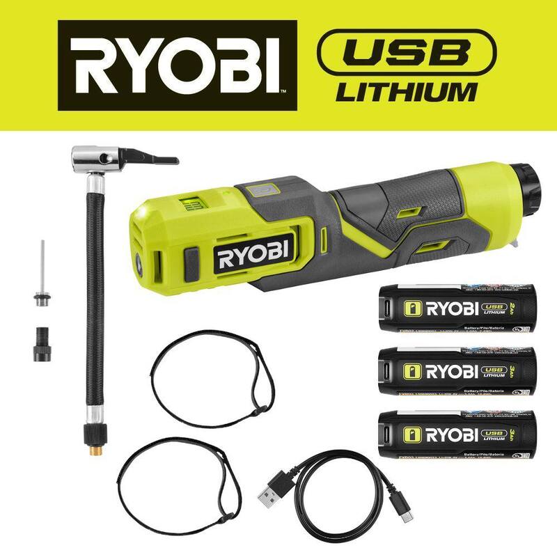 RYOBI USB Lithium Cordless High Pressure Portable Inflator Kit with 2.0 Ah Battery, Charging Cable, & 3.0 Ah Battery (2-Pack) - FVIF51K-FVB203