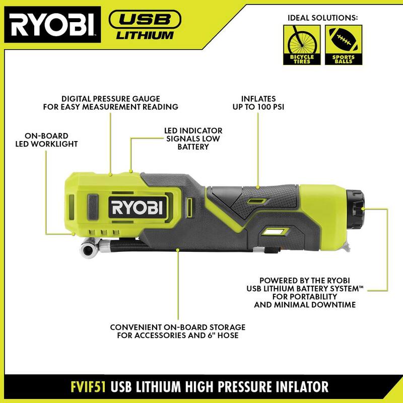 RYOBI USB Lithium Cordless High Pressure Portable Inflator Kit with 2.0 Ah Battery, Charging Cable, & 3.0 Ah Battery (2-Pack) - FVIF51K-FVB203