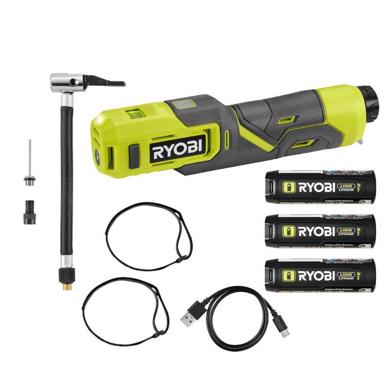 RYOBI USB Lithium Cordless High Pressure Portable Inflator Kit with 2.0 Ah Battery, Charging Cable, & 3.0 Ah Battery (2-Pack) - FVIF51K-FVB203