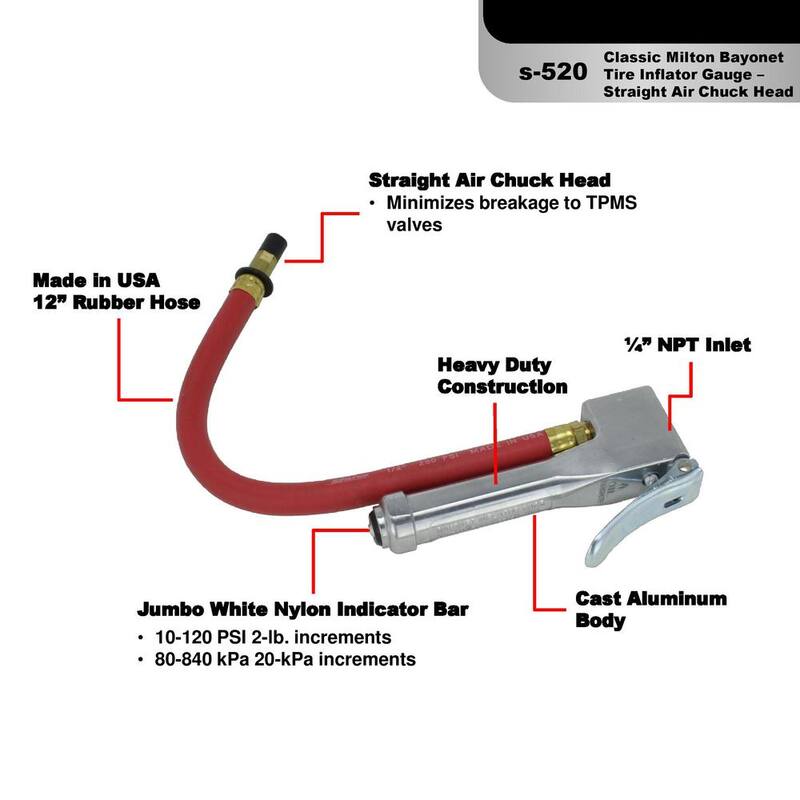 Milton Straight Head Chuck Bayonet Style Inflator Gauge - S-520
