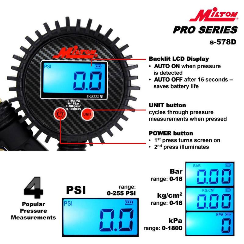 Milton Industries, Inc. Pro Digital Pistol Grip Inflator Gauge with Large Bore Dual Chuck and 15 in. Hose - S-578D