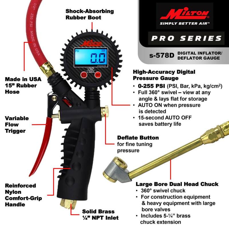Milton Industries, Inc. Pro Digital Pistol Grip Inflator Gauge with Large Bore Dual Chuck and 15 in. Hose - S-578D