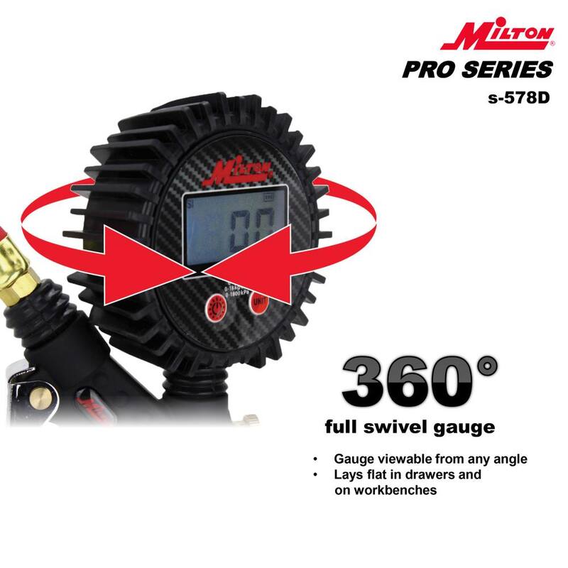 Milton Industries, Inc. Pro Digital Pistol Grip Inflator Gauge with Large Bore Dual Chuck and 15 in. Hose - S-578D