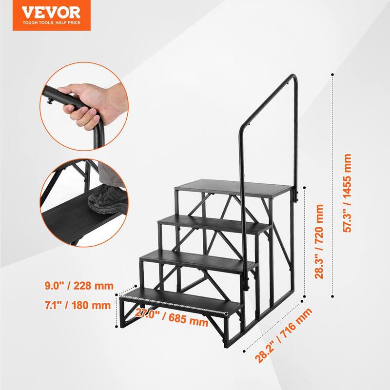 VEVOR RV Steps 4-Step RV Stairs 440 LBS Load Capacity Thickened Carbon Steel With Handrail Non-Slip Steps Suit for RV - FCBTGDKHJG4JE8I22V0