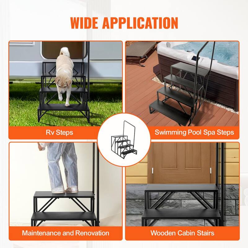 VEVOR RV Steps 4-Step RV Stairs 440 LBS Load Capacity Thickened Carbon Steel With Handrail Non-Slip Steps Suit for RV - FCBTGDKHJG4JE8I22V0