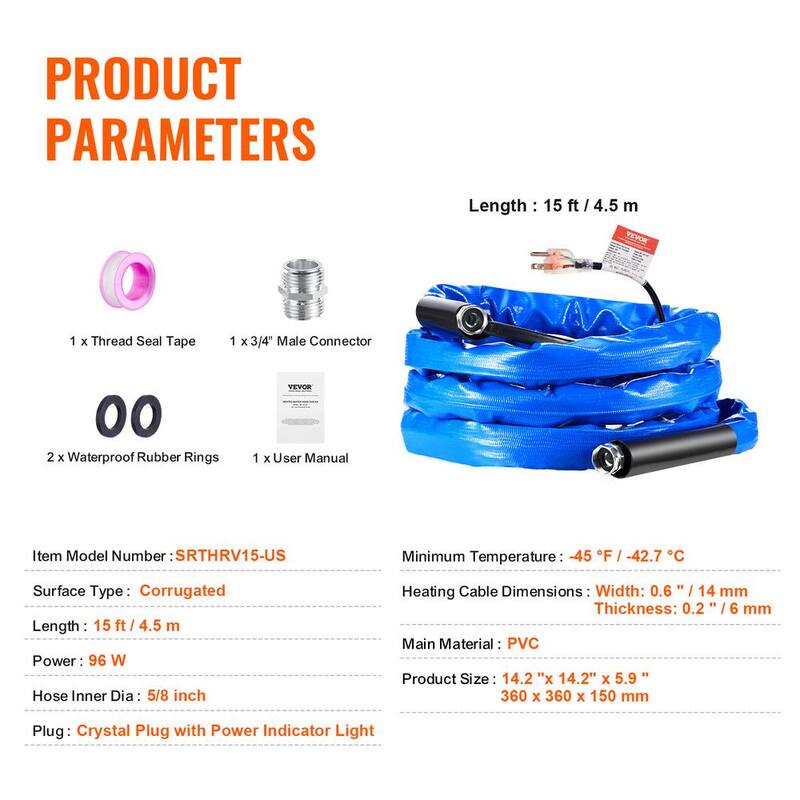 VEVOR 15 ft. Heated Water Hose for RV -45℉ Antifreeze Heated Drinking Water Hose - ZZKJRSG15YC02AGOHV1