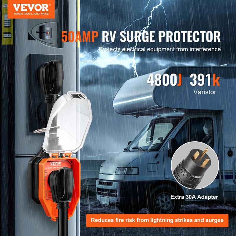 VEVOR 50 Amp RV Surge Protector 4800 Joules Voltage Monitor Circuit Analyzer Power Guard with Lock for RV Camper ETL Certified - DXT50AMP4800JZAZIV1
