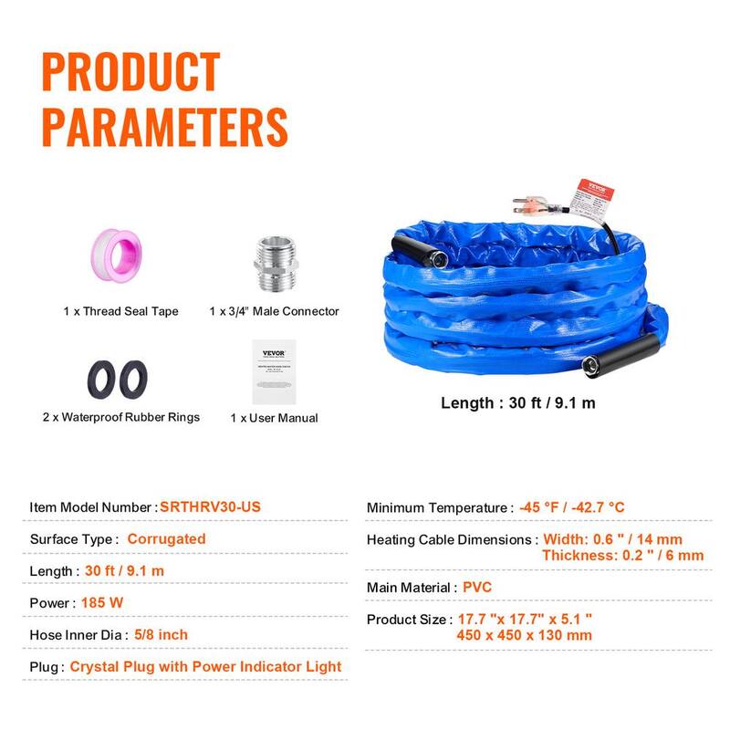 VEVOR 30 ft. Heated Water Hose for RV, Heated Drinking Water Hose with Corrugated Cover Antifreeze to -45°F, Self-regulating - ZZKJRSG30YC03ZUVMV1