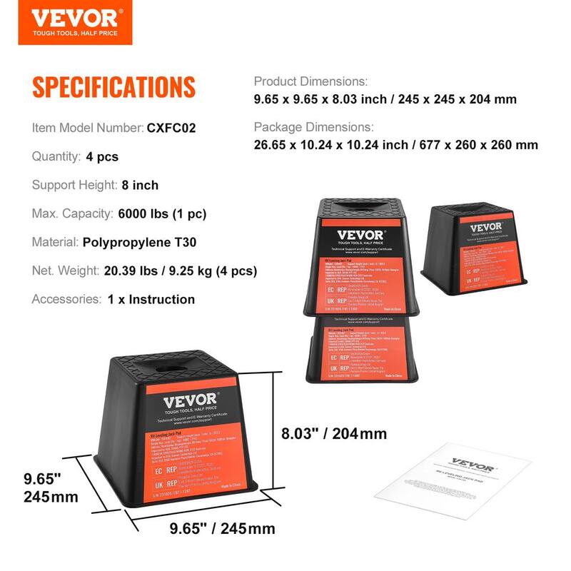 VEVOR Trailer Jack Block 6000 lbs. Capacity per Block High-quality Polypropylene RV Camper Stabilizer Blocks 4-Pack - FXKSJT8YC000FS7GXV0