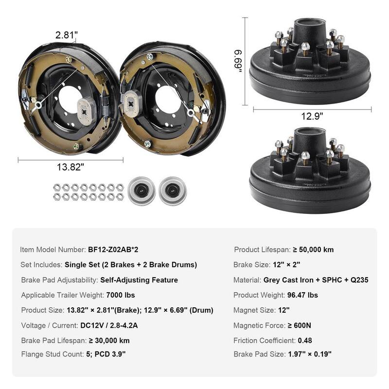 VEVOR Trailer Hub Drum Kits 8 on 6.5 in. B.C. with 12 in. x 2 in. Electric Brakes, Self-Adjusting Trailer Brake Assembly - TCDZCC122YCZF0U2IV9-730