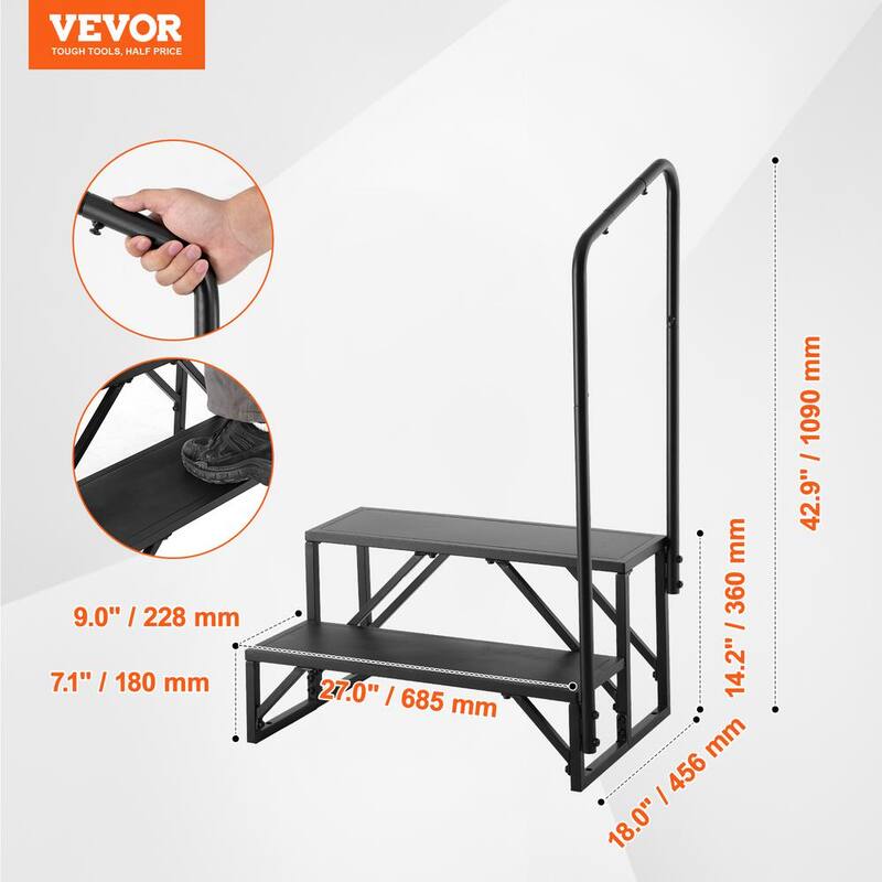VEVOR RV Steps 2-Step RV Stairs 440 LBS Load Capacity Thickened Carbon Steel With Handrail Non-Slip Steps for Safe Entry - FCBTGDKGDKHJ7940CV0