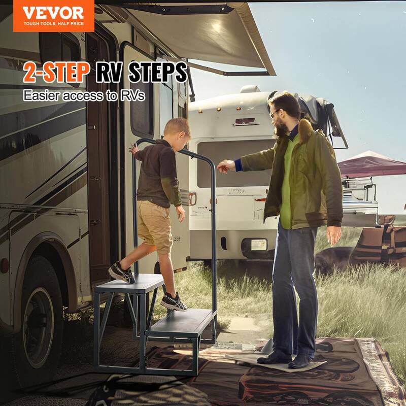 VEVOR RV Steps 2-Step RV Stairs 440 LBS Load Capacity Thickened Carbon Steel With Handrail Non-Slip Steps for Safe Entry - FCBTGDKGDKHJ7940CV0