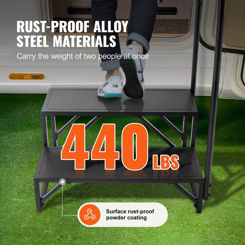 VEVOR RV Steps 2-Step RV Stairs 440 LBS Load Capacity Thickened Carbon Steel With Handrail Non-Slip Steps for Safe Entry - FCBTGDKGDKHJ7940CV0