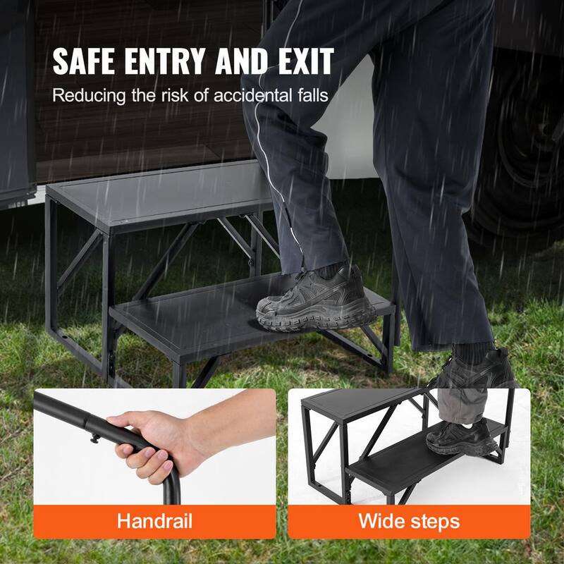 VEVOR RV Steps 2-Step RV Stairs 440 LBS Load Capacity Thickened Carbon Steel With Handrail Non-Slip Steps for Safe Entry - FCBTGDKGDKHJ7940CV0
