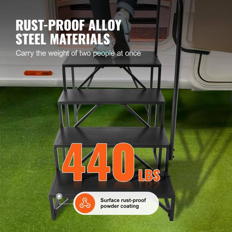 VEVOR RV Steps, 4-Step 57.3 in. H RV Stairs, 440 lbs. Load Capacity, Thickened Carbon Steel, With Handrail, Non-Slip Steps - FCBTGDKHJG4JE8I22V0-0827