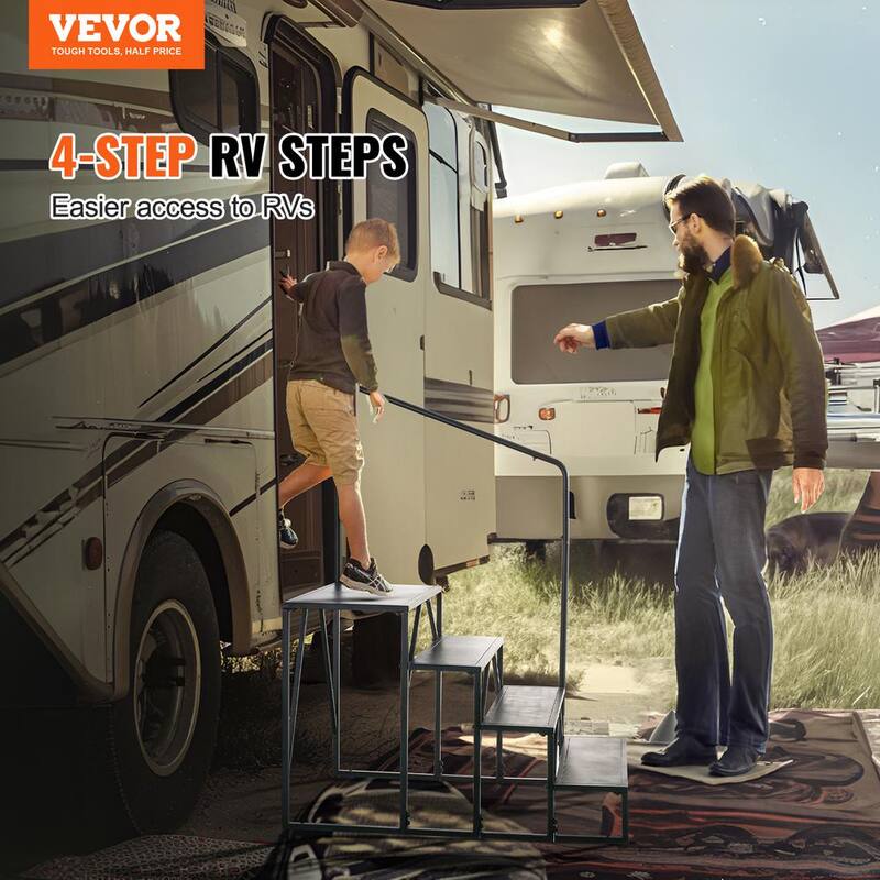 VEVOR RV Steps, 4-Step 57.3 in. H RV Stairs, 440 lbs. Load Capacity, Thickened Carbon Steel, With Handrail, Non-Slip Steps - FCBTGDKHJG4JE8I22V0-0827