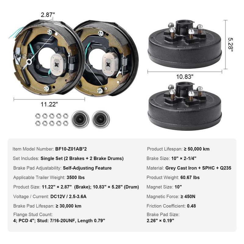 VEVOR Trailer Hub Drum Kits 5 on 4.5 in. B.C. with 10 in. x 2.25 in. Electric Brakes, Self-Adjusting Trailer Brake Assembly - TCDZCC10225YXT7IHV9-730