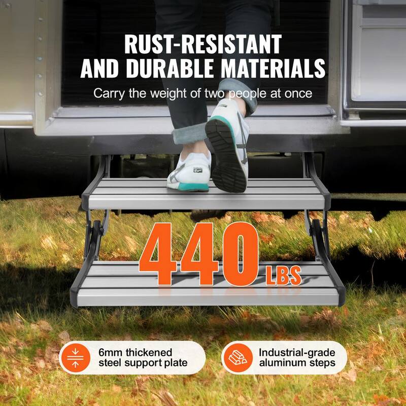 VEVOR RV Steps 2-Step Manual Retractable RV Stairs Foldable 440 LBS Load Capacity Aluminum Alloy Steps Thickened Steel Plate - FCBTZDKZDKSDNVHFTV0