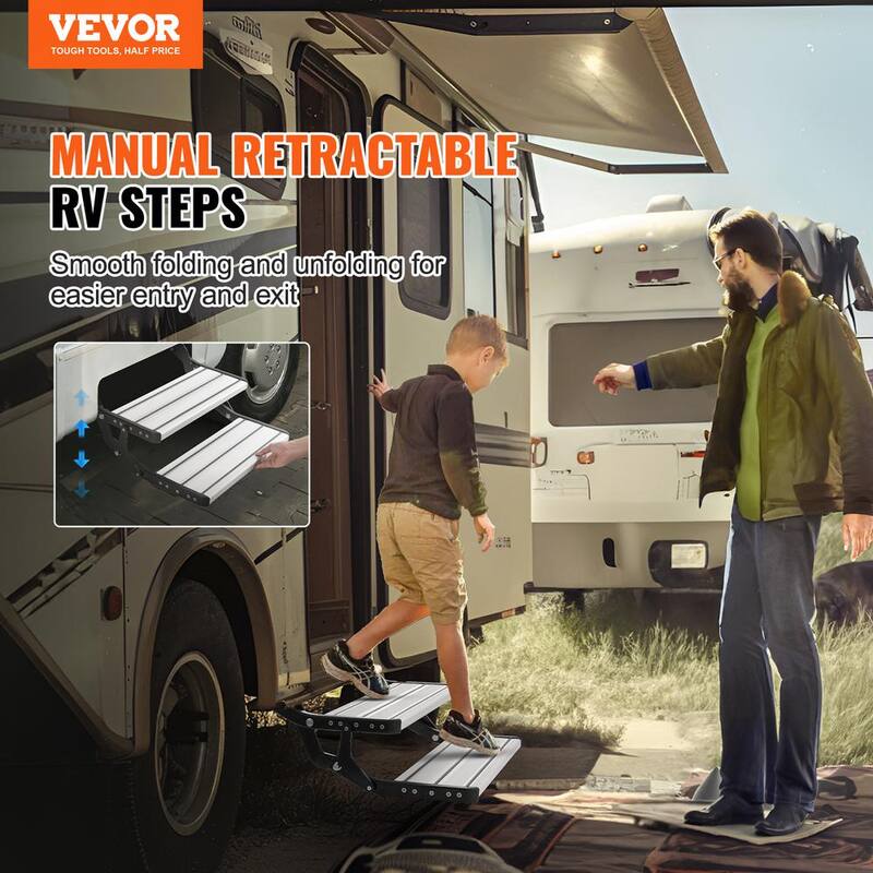 VEVOR RV Steps 2-Step Manual Retractable RV Stairs Foldable 440 LBS Load Capacity Aluminum Alloy Steps Thickened Steel Plate - FCBTZDKZDKSDNVHFTV0