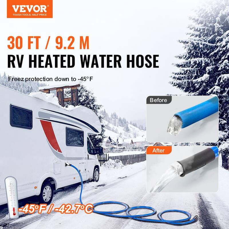 VEVOR Heated Drinking Water Hose Antifreeze to -45°F, 30ft. Heated Water Hose for RV, Automatic Self-regulating, 5/8in. - GHKJRSG30YC0BXYABV1-0920